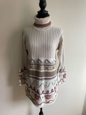Vintage Puli Designs Wool Blend Floral Turtleneck Sweater Boho Cottagecore